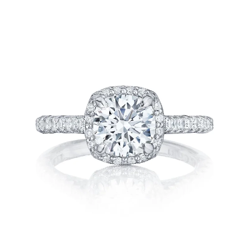 18K White Gold Tacori Petite Crescent 4-Prong Engagement Ring Mounting With Diamond Cushion Shape Halo (Setting Only)