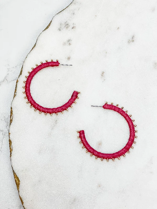 Gold Studded Hoop Earrings - Maroon