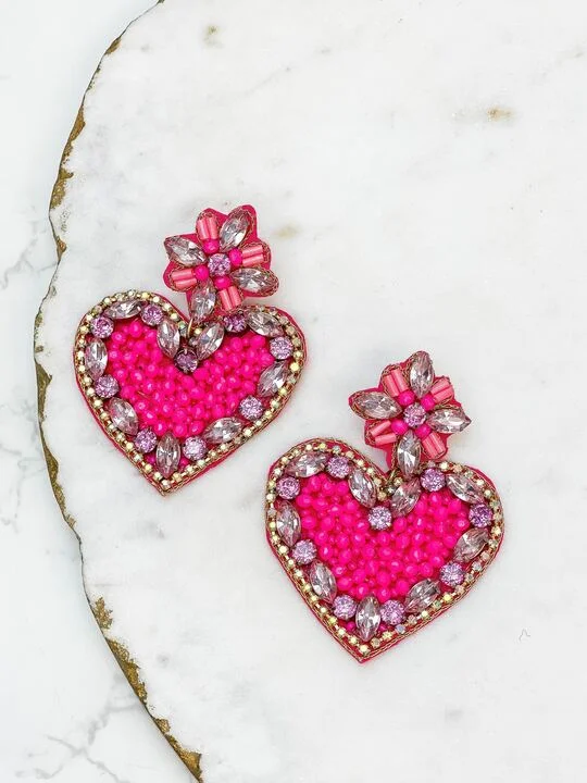 Glitzy Rhinestone Heart Dangle Earrings - Pink