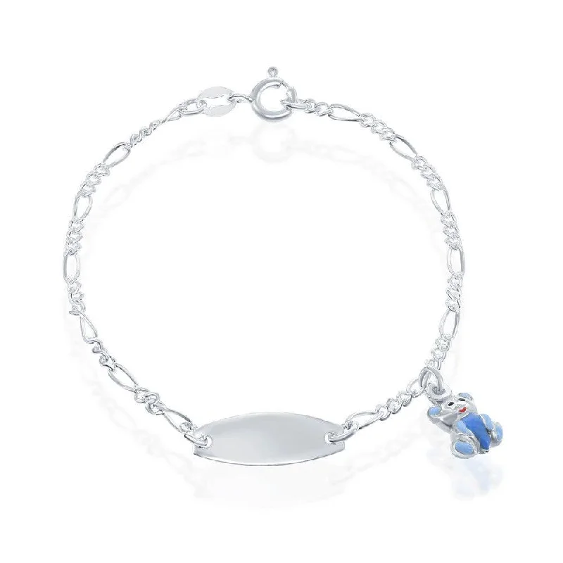 Sterling Silver Blue Teddy Bear Charm Kid-ID Bracelet, 6.5"