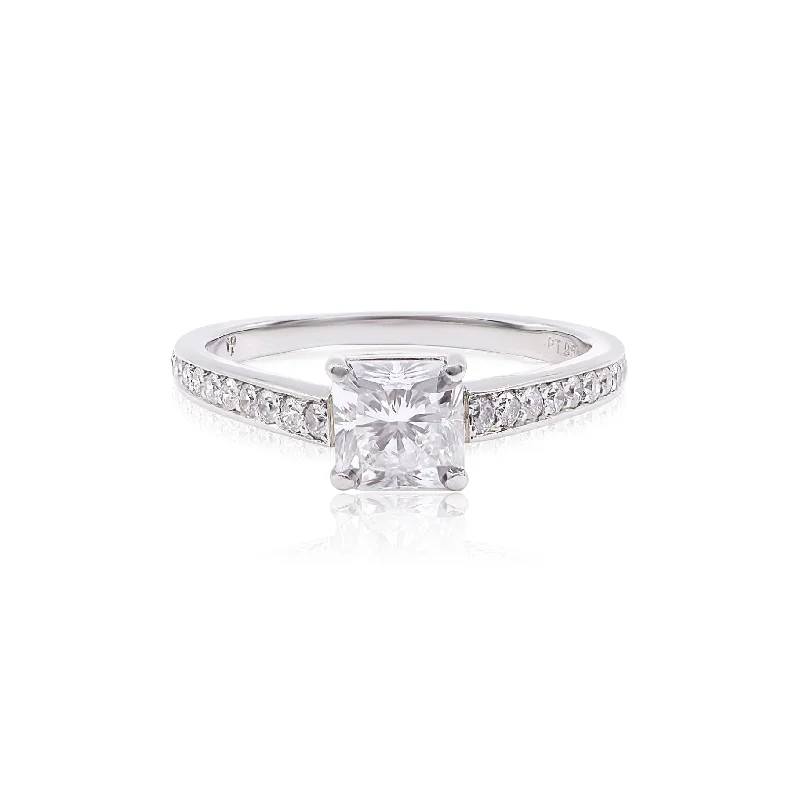 ESTATE MARK PATTERSON PLATINUM DIAMOND ENGAGEMENT RING WITH A 1.23CT SQUARE RADIANT-CUT CENTER DIAMOND AND DIAMOND SHOULDER