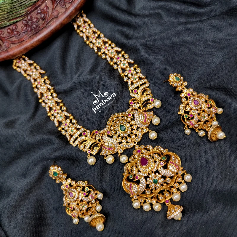 Peacock SD Zircon Stones Matte Gold Necklace Set