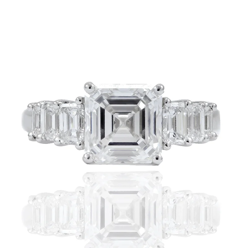 PLATINUM 3.01CT ASSCHER-CUT DIAMOND ENGAGEMENT RING WITH EMERALD-CUT SIDE DIAMONDS