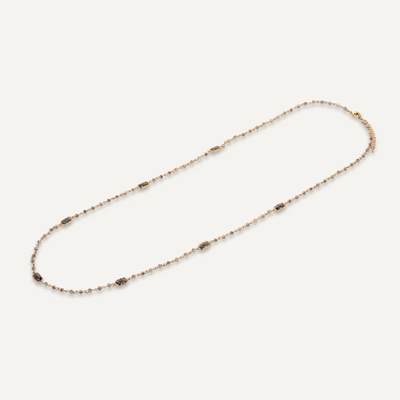 Long Grey Crystal Stone Necklace In Gold-Tone