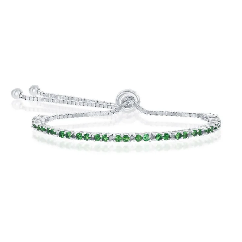 Sterling Silver 2mm Green CZ 'May Birthstone' Adjustable Bracelet