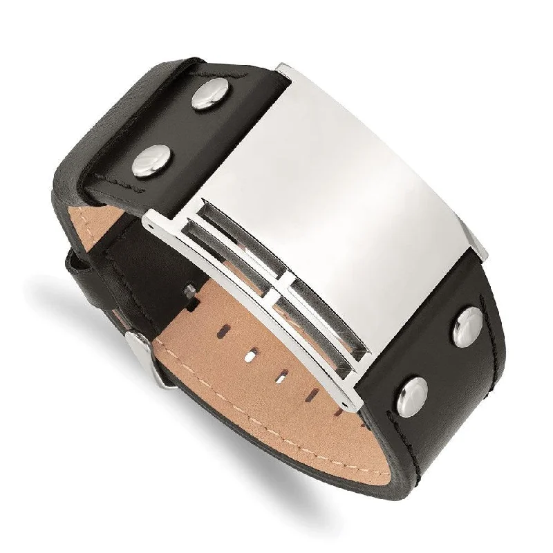 Stainless Steel Polished Black Leather Buckle Bracelet