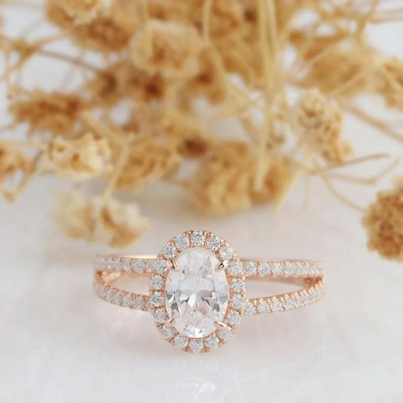 14k Rose 1ct Oval Cut Diamond Halo Engagement Ring