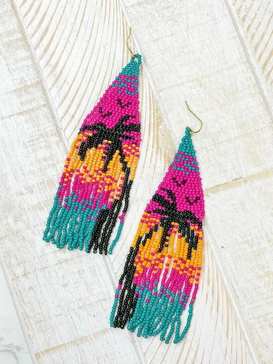 Palm Seed Bead Fringe Dangle Earrings