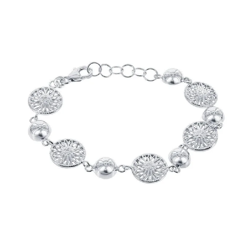 Sterling Silver Alternating Round Diamond Cut Flower and Semi Sphere Bracelet