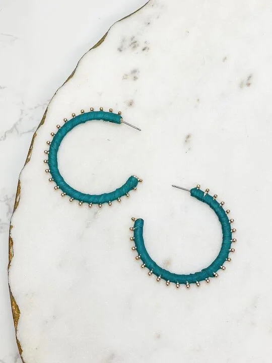 Gold Studded Hoop Earrings - Teal