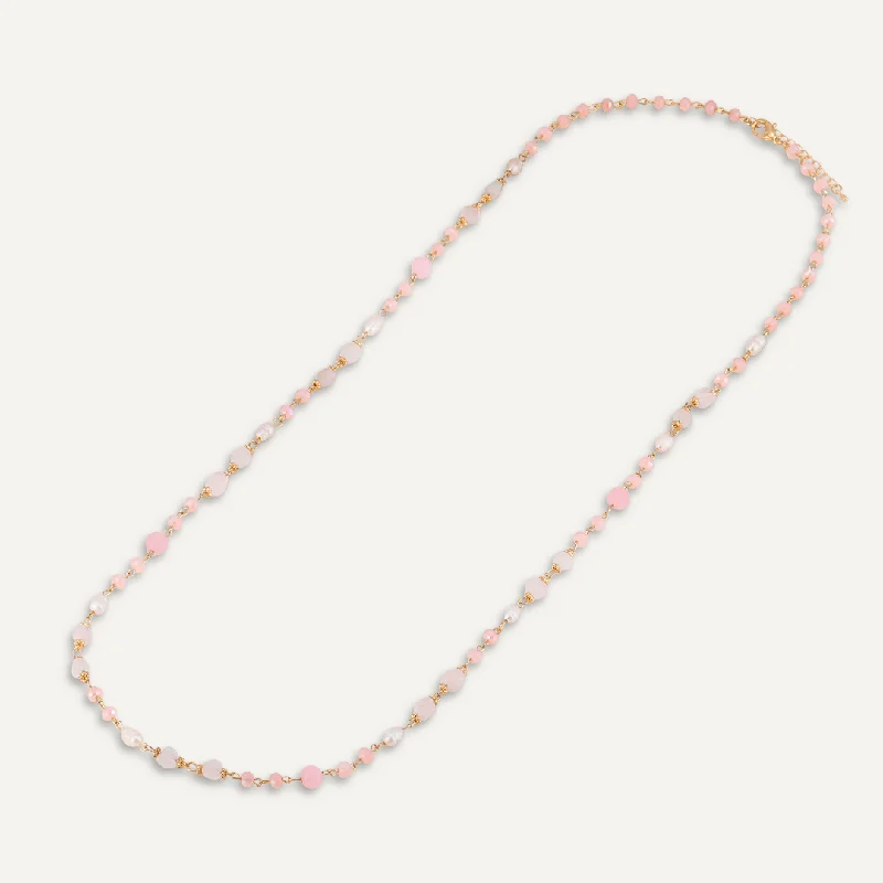 Pink Semi-Precious Stone, Crystal & Fresh Water Pearls Long Necklace In Gold-Tone