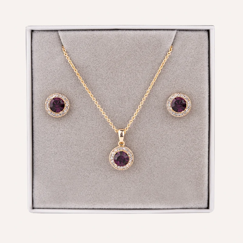 February Amethyst-Colour Birthstone Necklace & Earring Set In Gold-Tone