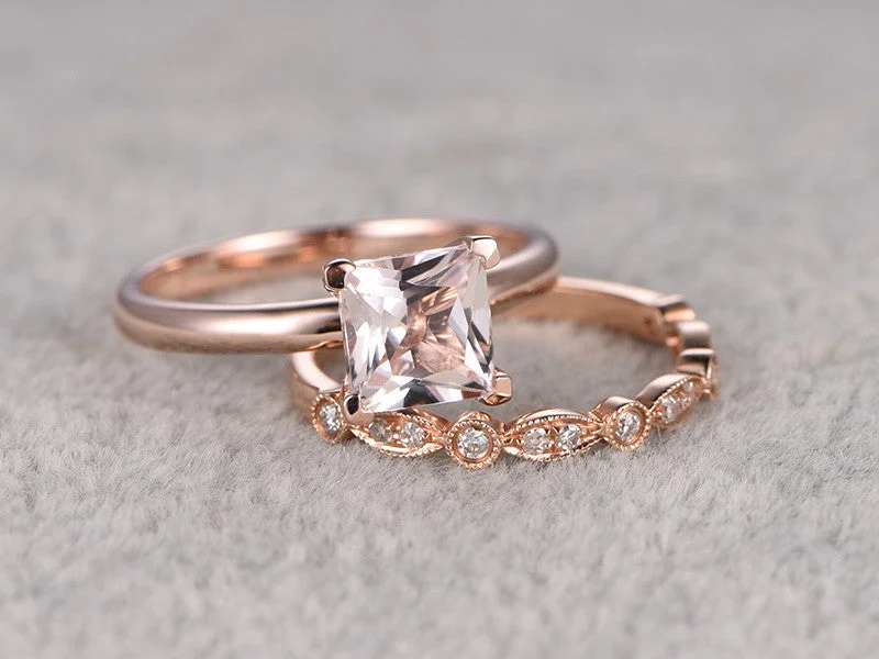 6.5mm Princess Cut Morganite Wedding Set Diamond Bridal Ring 14k Rose Gold Marquise Eternity Matching Band