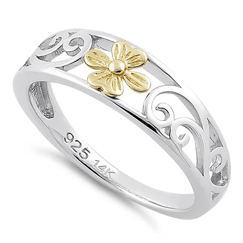 Solid 14K Yellow Gold & Sterling Silver Flower Ring