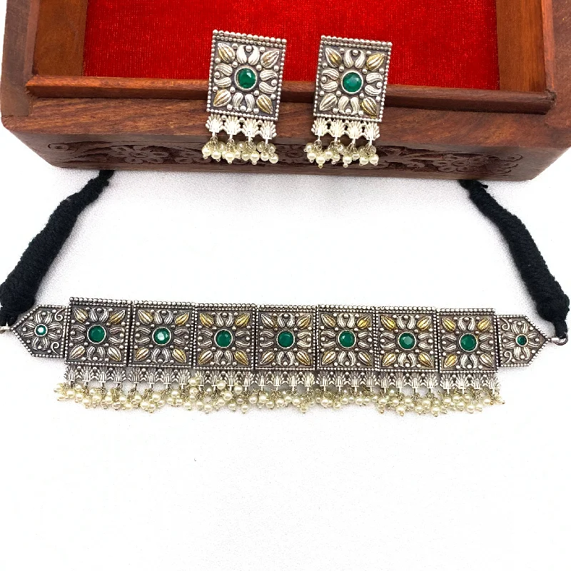 Latest Two-tone Oxidized Silver Green Choker Necklace set with Square Stud earring