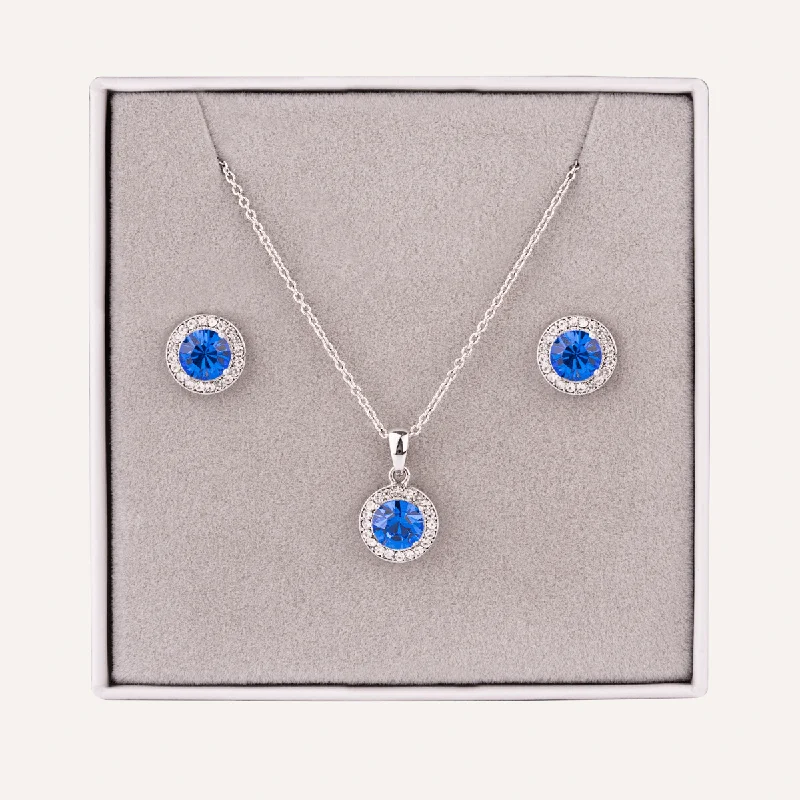 September Sapphire-Colour Birthstone Necklace & Earring Set In Silver-Tone