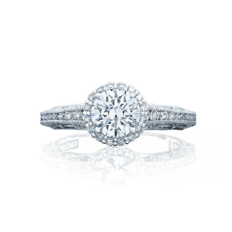 18K White Gold Tacori Reverse Crescent Semi-Mount Diamond Engagement Ring With Tapered Milgrain Shoulder (Setting Only)