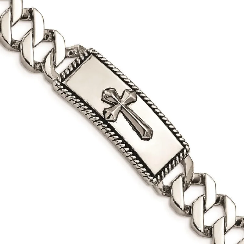 Stainless Steel Polished and Antiqued Cross Bracelet