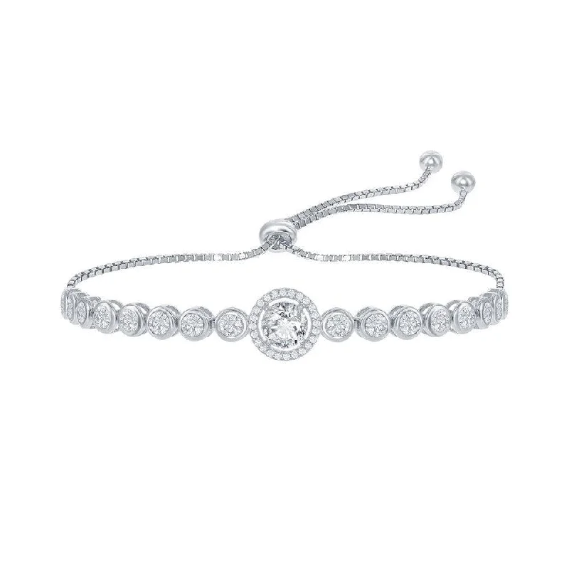 Sterling Silver Round CZ Bezel-Set CZ Adjustable Bolo Bracelet