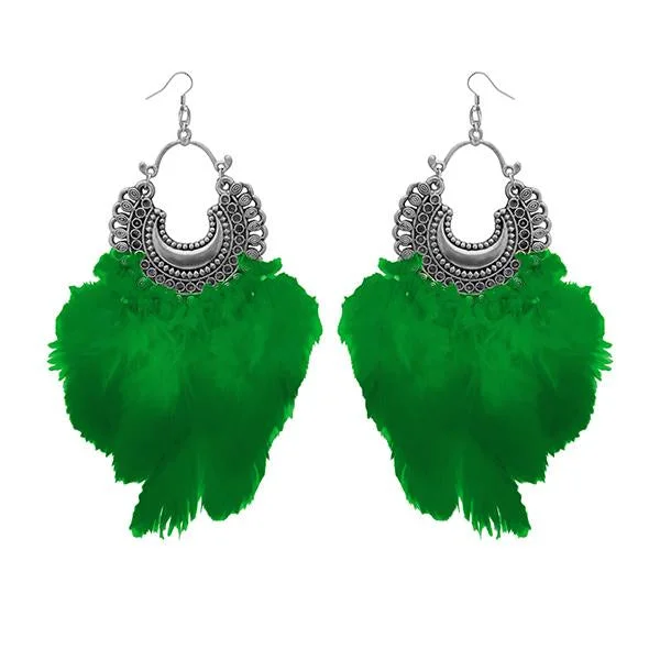 Tip Top Fashions Green Feather Rhodium Plated Afghani Earrings - 1308355B