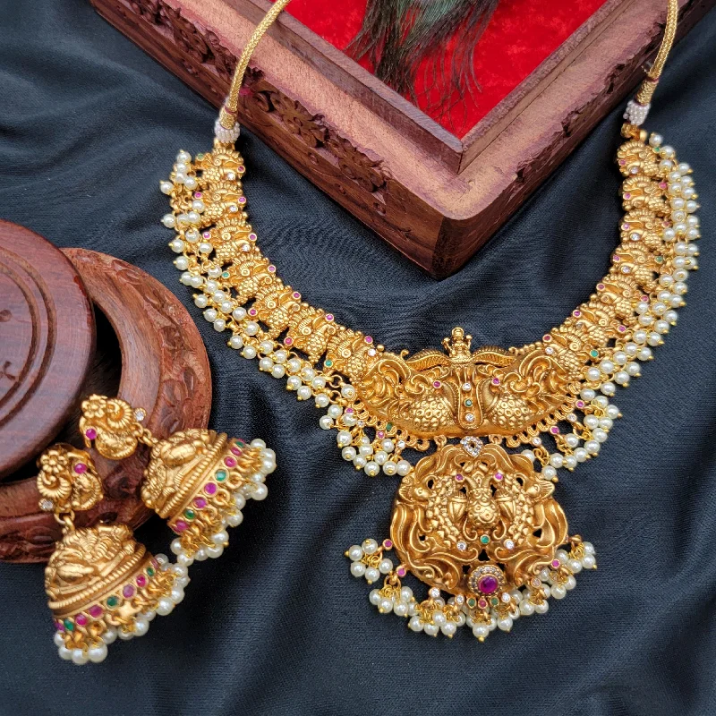 Temple Jewelry Matte Gold Lakshmi Peacock & Pearl Necklace