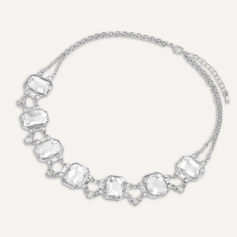 Multi Crystal Necklace In Silver-Tone