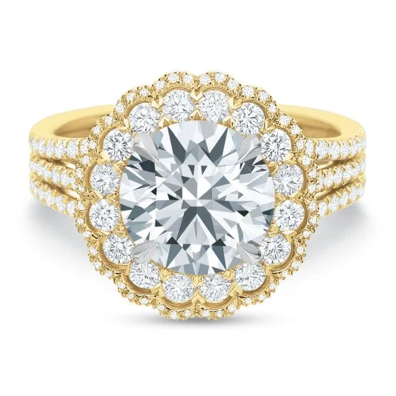 18K Yellow Gold EXTRAORDINARY Double Halo Diamond Engagement Ring MOUNTING 1.05CTW (Setting Only)