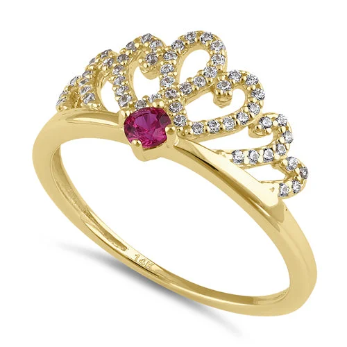 Solid 14K Gold Ruby and Clear CZ Crown Ring