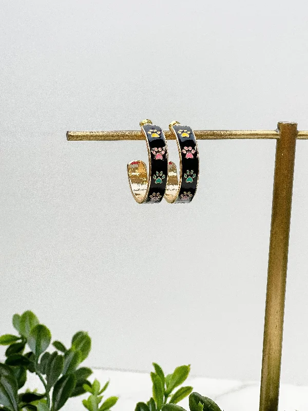 Paw Pattern Enamel Hoop Earrings - Black Multi