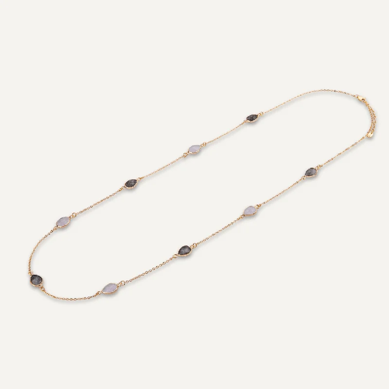 Long Moonstone & Labradorite Multi Crystal Necklace In Gold-Tone