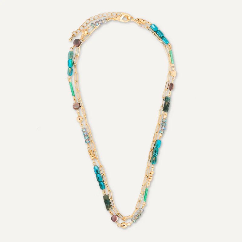 Green Semi-Precious Stone Short Multi-Row Necklace In Gold-Tone