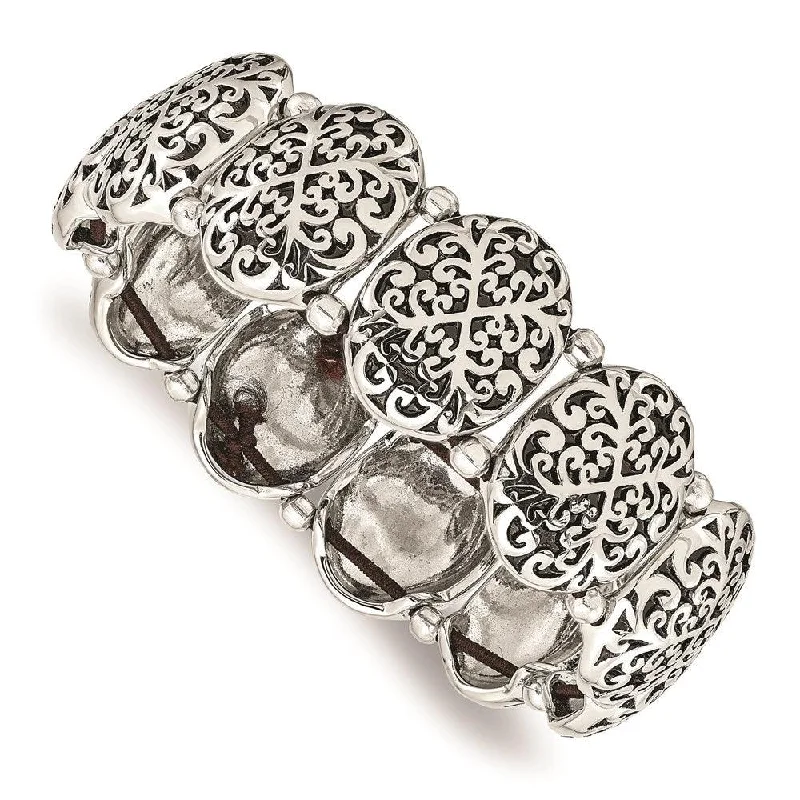 Stainless Steel Polished/Antiqued Oval Stretch Bracelet