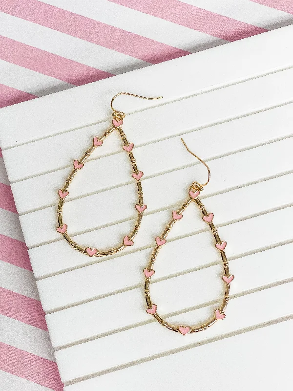 Heart-Studded Teardrop Dangle Earrings - Pink