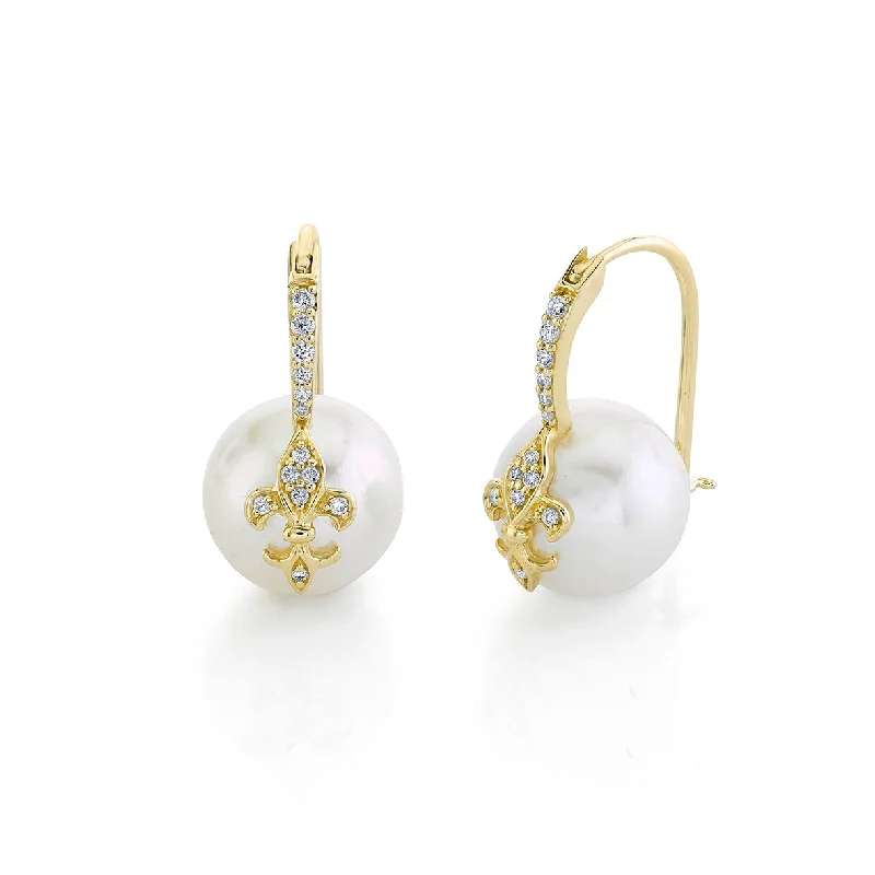 Gold & Diamond Fleur de Lis Pearl Earrings