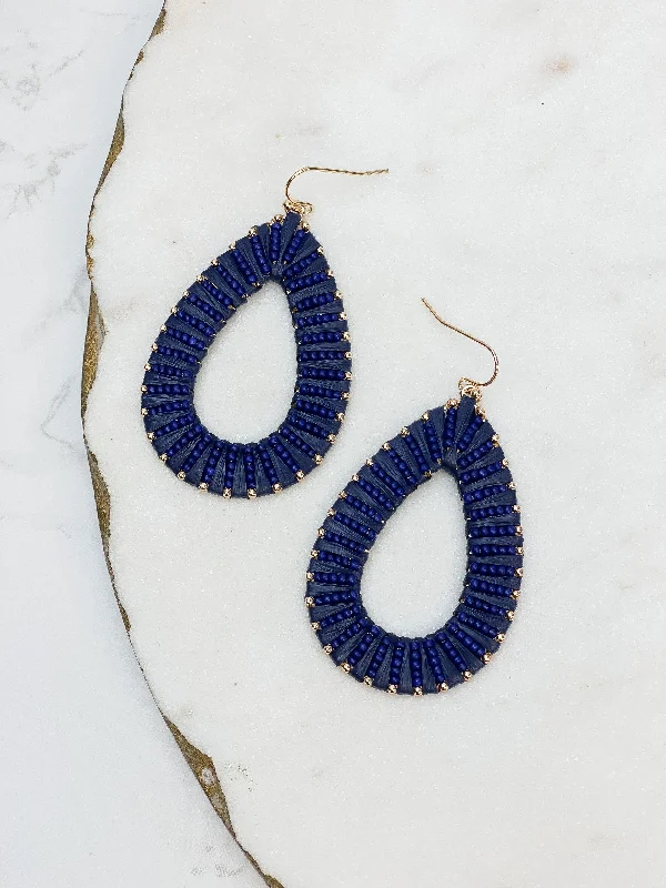 Oval Raffia Beaded Dangle Earrings - Navy