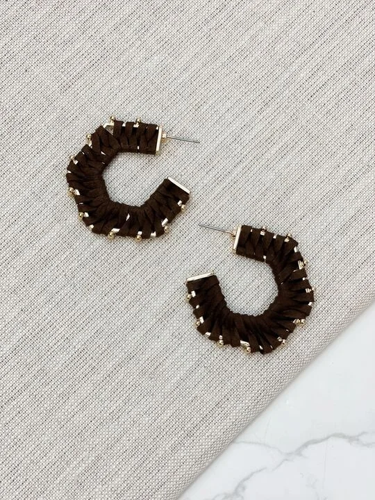 Studded Suede Hoop Earrings - Brown