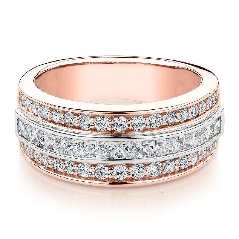 Princess Cut and Round Brilliant Dress ring with 1.62 carats* of diamond simulants in 10 carat rose and white gold