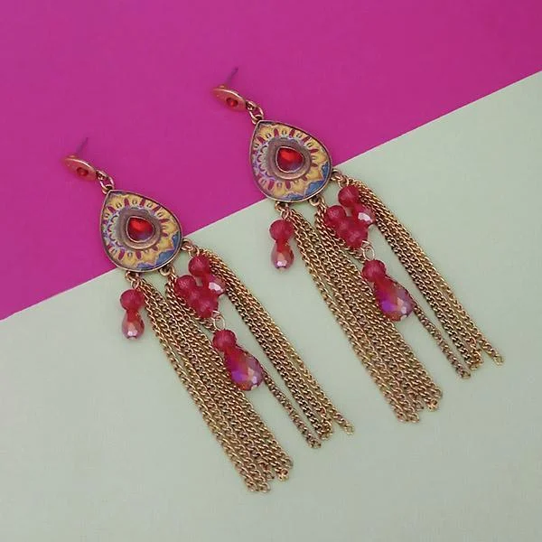 Urthn Maroon Stone Chain Drop Tassel Earrings - 1311828B