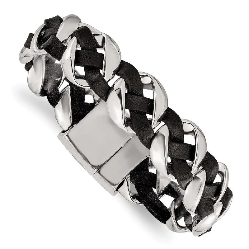 Stainless Steel Polished Leather Braided Bracelet