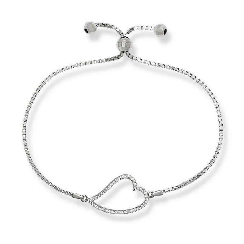 Sterling Silver Center Open CZ Heart and Beads Box Chain Bracelet