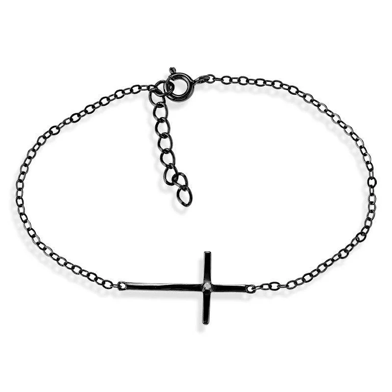 Sterling Silver Single Black Rhodium CZ Sideways Cross Bracelet