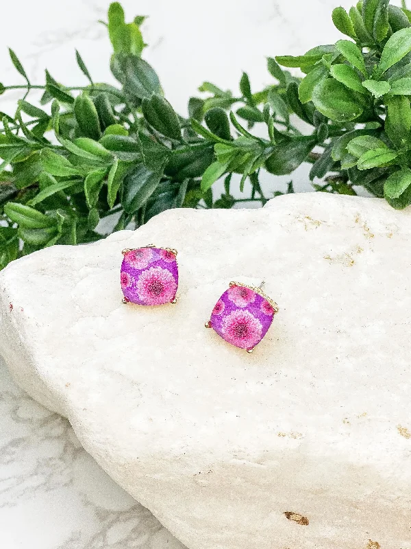 Dahlia Flower Print Crystal Stud Earrings - Purple