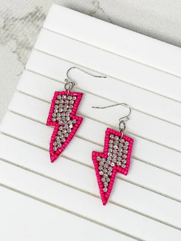 Glitzy Lightning Bolt Beaded Dangle Earrings - Hot Pink