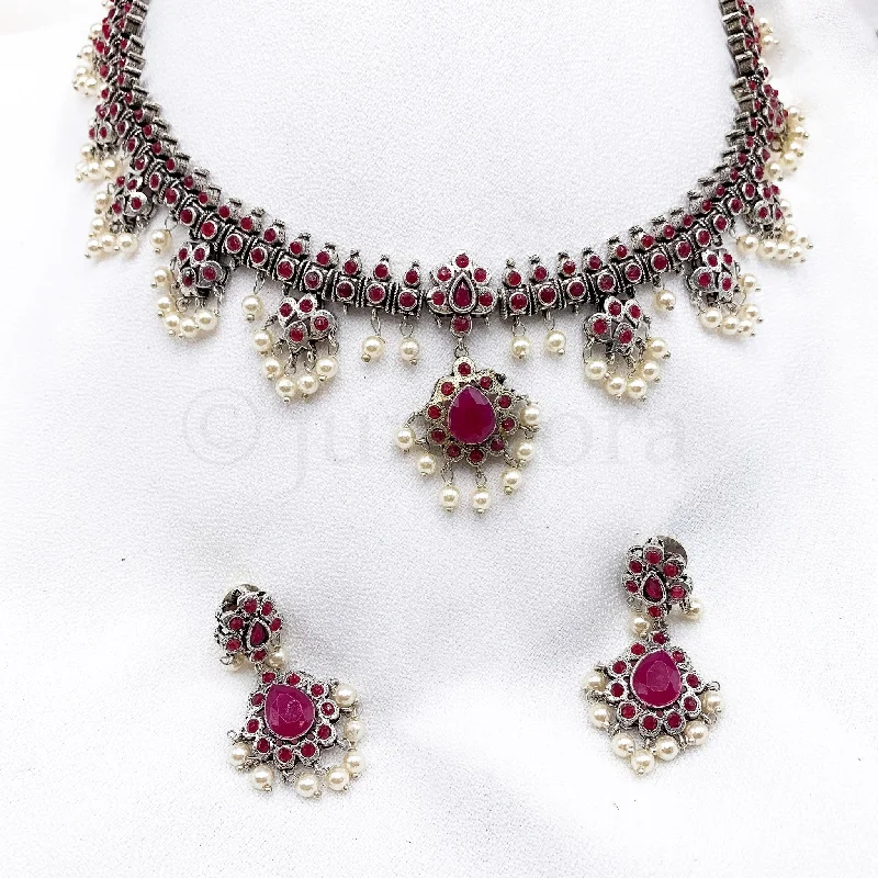 Exquisite Oxidized Silver Necklace Set in Guttapusalu Style in Ruby Red