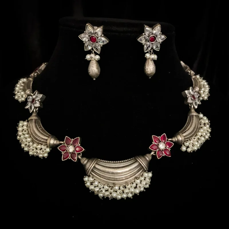 Exquisite Oxidized Silver Necklace with White and Red stones and Pearl Clusters