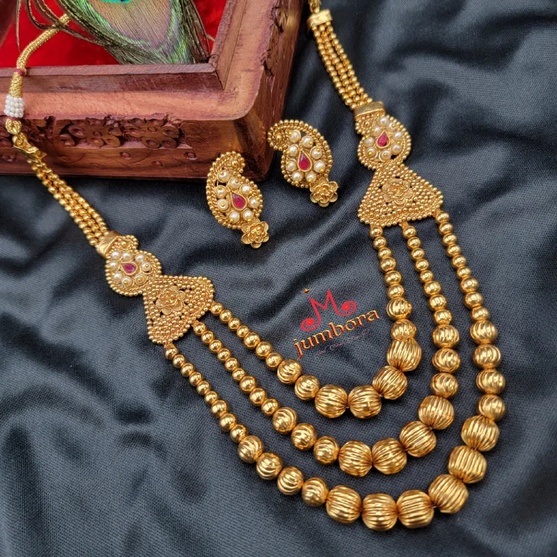 Triple Row Antique Gold Ball Mango Necklace set