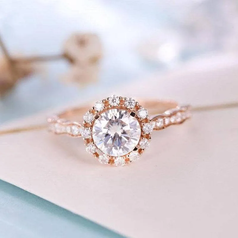 14k Rose Gold 1ct 6.5mm Diamond Halo Engagement Ring