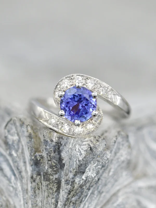 Antique Platinum Tanzanite + Diamond Swirl Ring