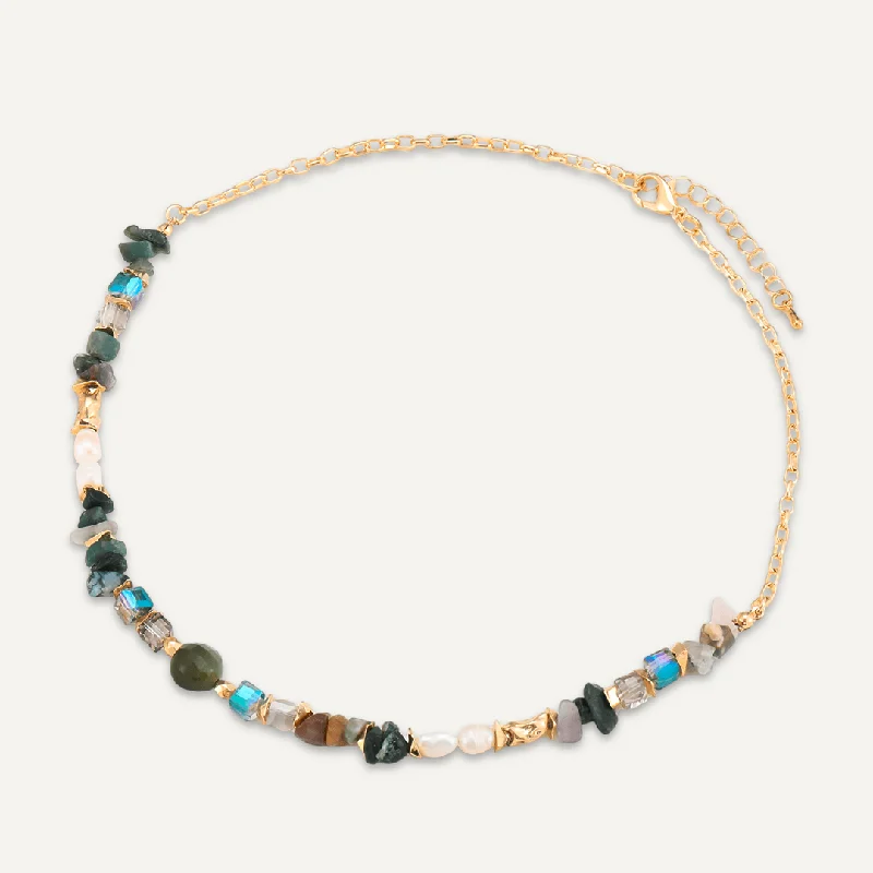 Green Semi-Precious Stone, Crystal, & Fresh Water Pearl Short Necklace In Gold-Tone