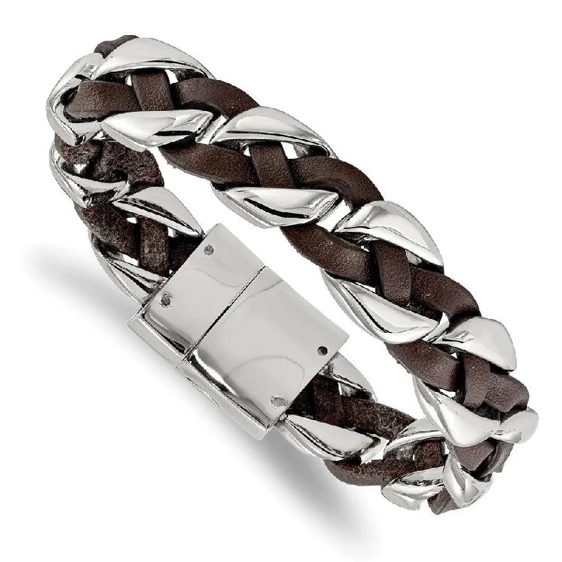 Stainless Steel Polished with Brown Leather Braided 8.5in Bracelet